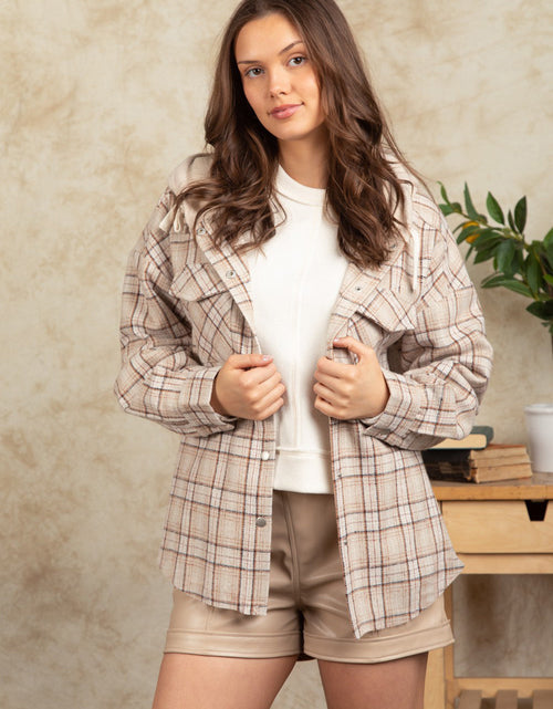 Load image into Gallery viewer, Drawstring Plaid Long Sleeve Hooded Jacket
