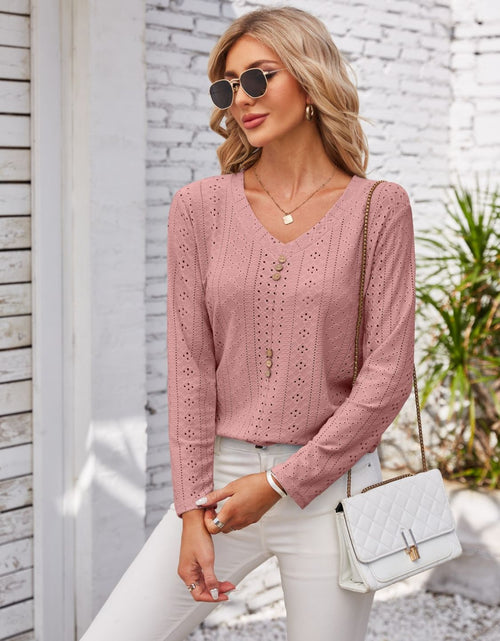 Load image into Gallery viewer, Decorative Button Openwork V-Neck T-Shirt
