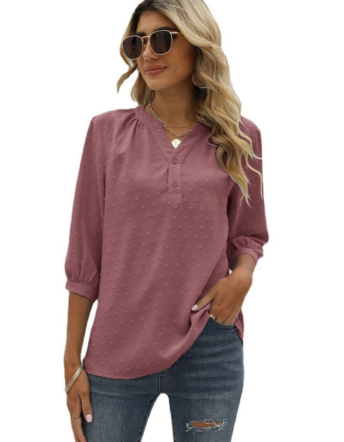Load image into Gallery viewer, Swiss Dot Notched Neck Three-Quarter Sleeve Blouse

