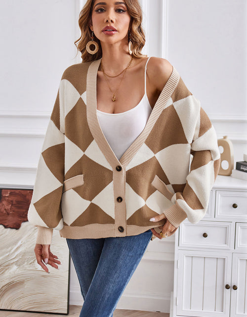 Load image into Gallery viewer, Geometric Lantern Sleeve Cardigan with Pockets
