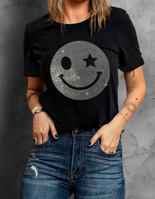 Load image into Gallery viewer, Rhinestone Smiley Round Neck Short Sleeve T-Shirt
