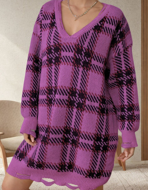 Load image into Gallery viewer, Distressed Plaid V-Neck Long Sleeve Sweater Dress
