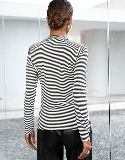 Load image into Gallery viewer, Ivy Lane Striped Buttoned V-Neck Long Sleeve Top
