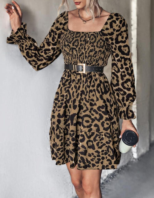 Load image into Gallery viewer, Leopard Smocked Flounce Sleeve Mini Dress
