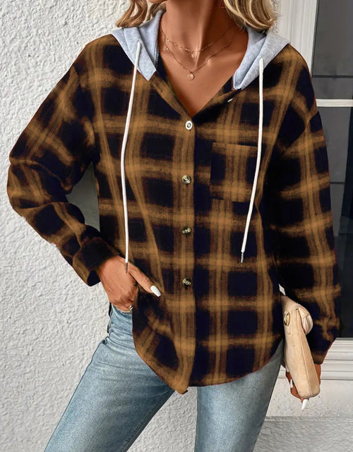 Load image into Gallery viewer, Plaid Drawstring Button Up Hooded Jacket
