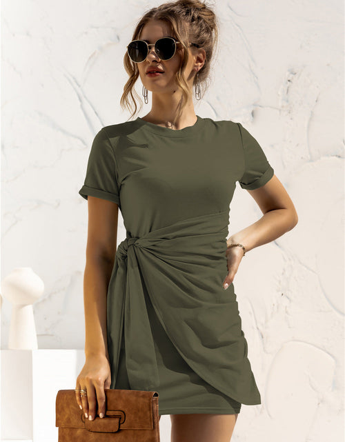 Load image into Gallery viewer, Round Neck Cuffed Sleeve Side Tie Dress
