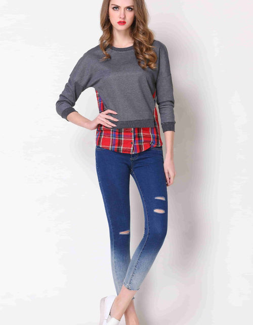 Load image into Gallery viewer, Full Size Plaid Patch Drop Shoulder Round Neck Top
