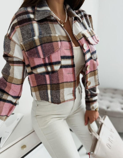 Load image into Gallery viewer, Pocketed Collared Neck Long Sleeve Plaid Jacket
