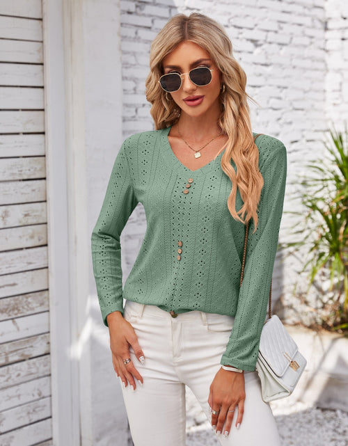 Load image into Gallery viewer, Decorative Button Openwork V-Neck T-Shirt
