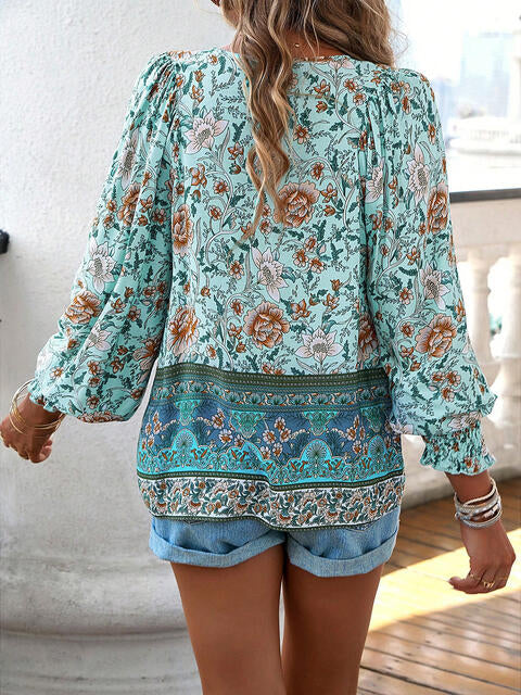 Load image into Gallery viewer, Bohemian Tie Neck Lantern Sleeve Blouse

