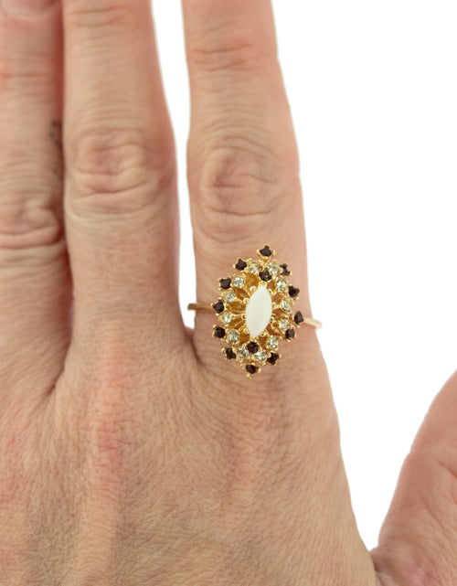 Load image into Gallery viewer, Vintage Ring Genuine Opal with Clear and Ruby Austrian Crystals 18kt Yellow Gold Electroplated by PVD Vintage Jewelry
