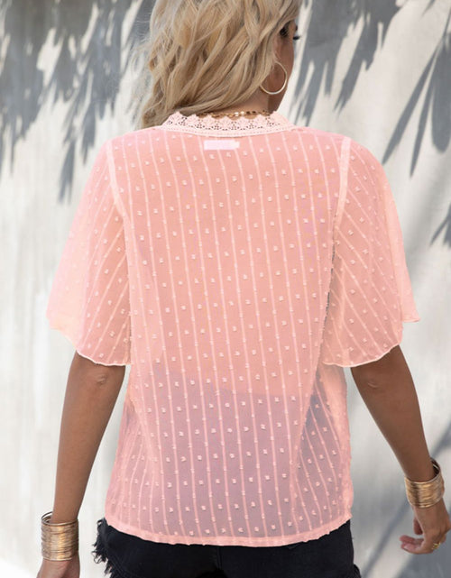 Load image into Gallery viewer, Shiny Swiss Dot Lace Trim Flutter Sleeve V-Neck Blouse
