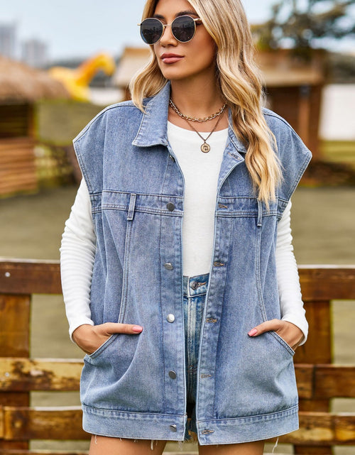 Load image into Gallery viewer, Button Up Collared Neck Sleeveless Denim Jacket
