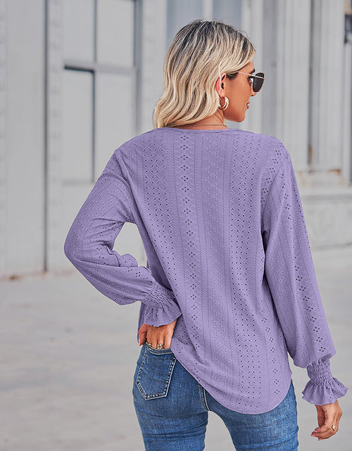 Load image into Gallery viewer, V-Neck Eyelet Flounce Sleeve Blouse
