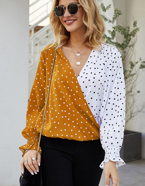 Load image into Gallery viewer, Ivy Lane Polka Dot Surplice Neck Lantern Sleeve Blouse
