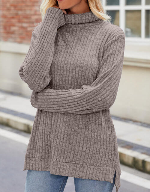 Load image into Gallery viewer, Ribbed Turtleneck Long Sleeve Slit Knit Top
