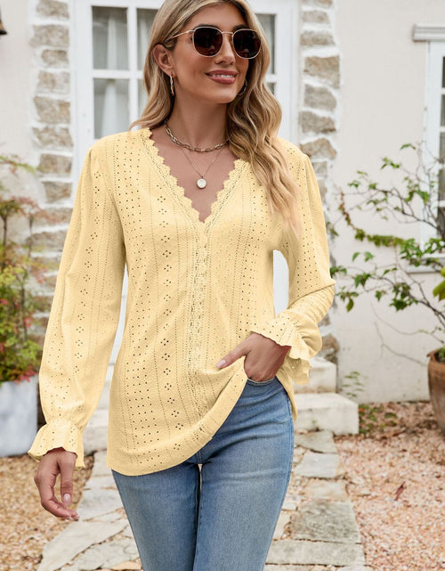 Load image into Gallery viewer, Eyelet Lace Trim Flounce Sleeve Blouse
