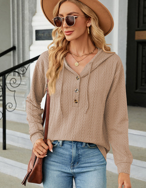 Load image into Gallery viewer, Drawstring Half Button Long Sleeve Hoodie
