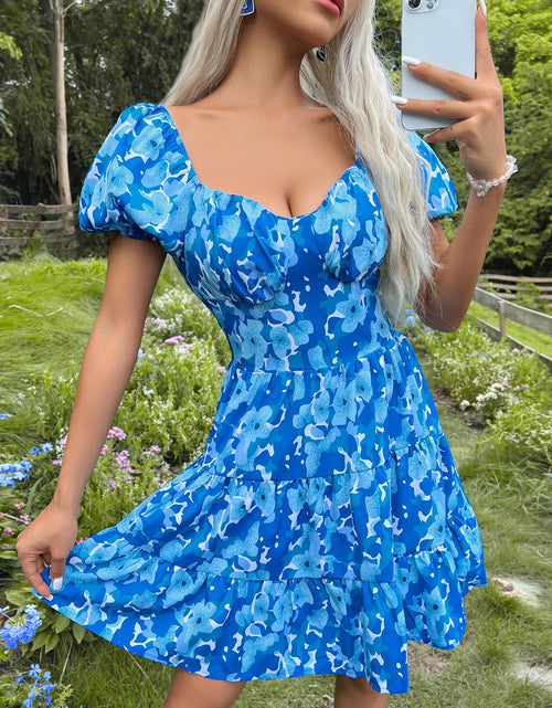 Load image into Gallery viewer, Perfee Tied Smocked Printed Short Sleeve Dress
