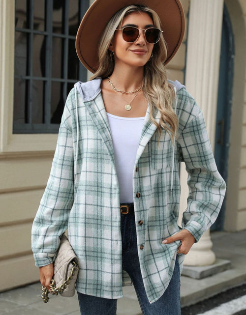 Load image into Gallery viewer, Drawstring Plaid Button Up Hooded Jacket
