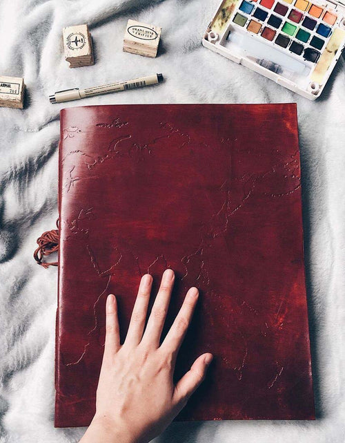 Load image into Gallery viewer, Extra Large World Map 14x11 Handmade Leather Journal by Soothi
