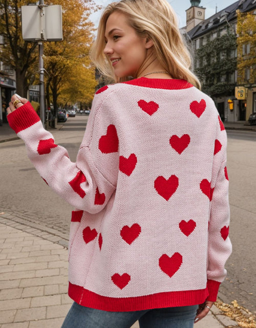 Load image into Gallery viewer, Heart Button Up Dropped Shoulder Long Sleeve Cardigan
