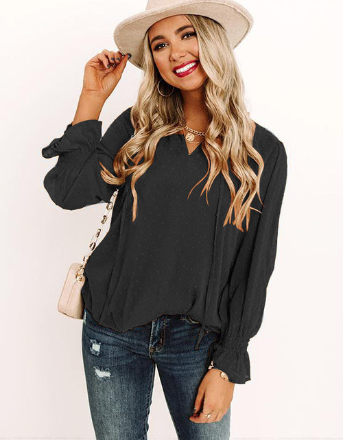 Load image into Gallery viewer, Swiss Dot Tie Neck Flounce Sleeve Blouse
