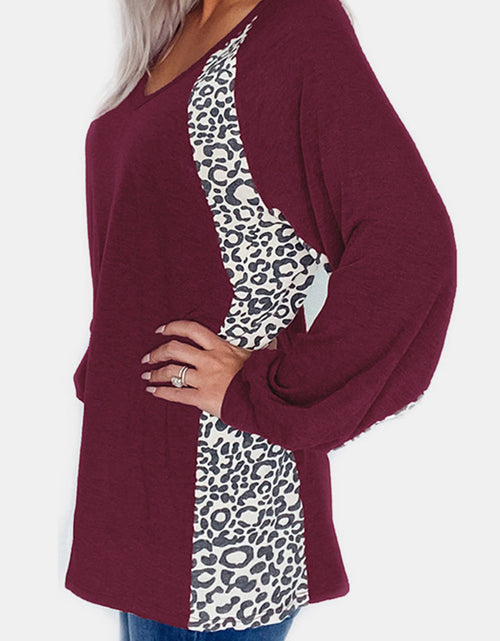 Load image into Gallery viewer, Full Size Leopard V-Neck Long Sleeve T-Shirt
