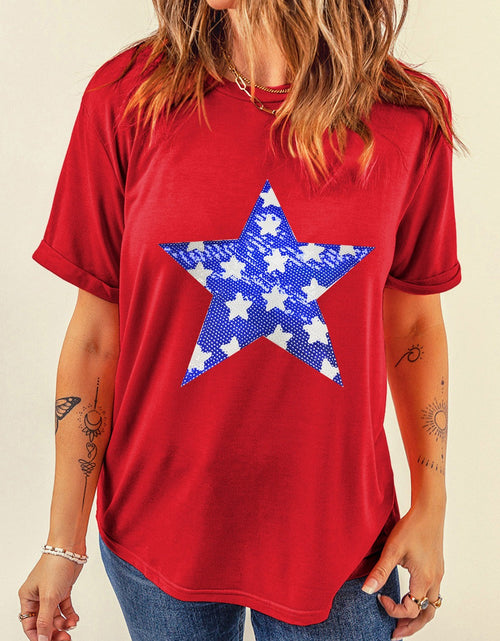 Load image into Gallery viewer, Sequin Star Round Neck Short Sleeve T-Shirt
