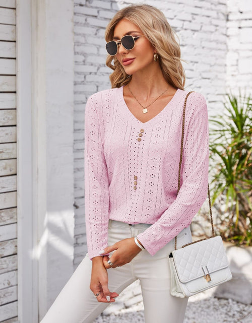 Load image into Gallery viewer, Decorative Button Openwork V-Neck T-Shirt
