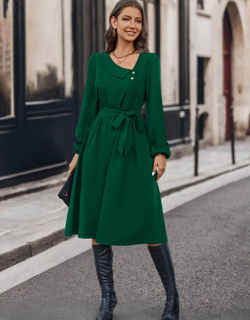 Load image into Gallery viewer, Buttoned Tie Front Long Sleeve Asymmetrical Neck Dress
