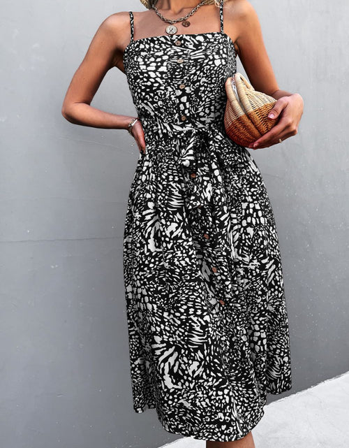 Load image into Gallery viewer, Printed Spaghetti Strap Decorative Button Belted Dress
