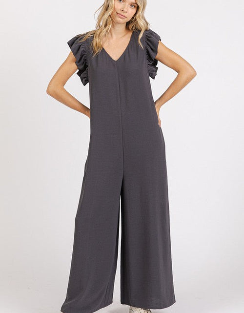 Load image into Gallery viewer, Mittoshop V-Neck Ruffled Cap Sleeve Wide Leg Jumpsuit
