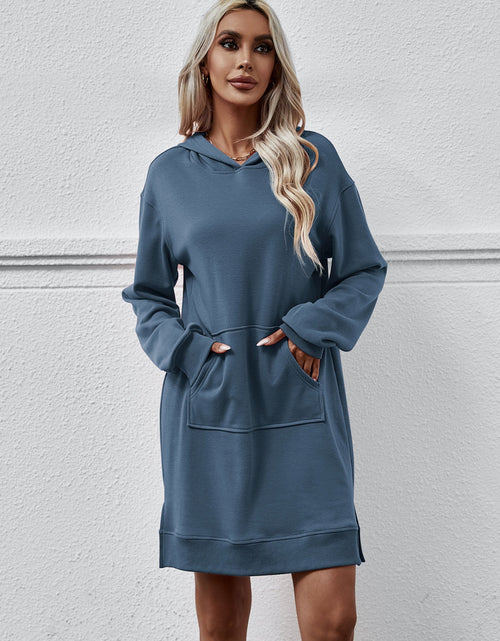 Load image into Gallery viewer, Slit Long Sleeve Hooded Dress with Pocket
