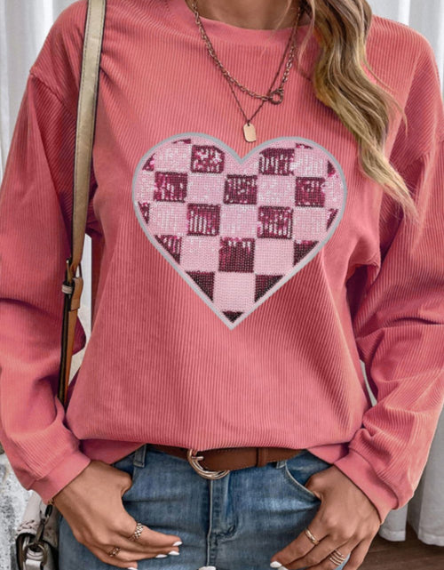 Load image into Gallery viewer, Valentine’s Day Sequin Checkered Heart Long Sleeve Sweatshirt
