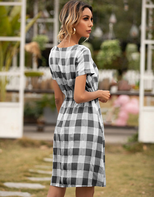 Load image into Gallery viewer, Ivy Lane Smocked Plaid Round Neck Short Sleeve Dress
