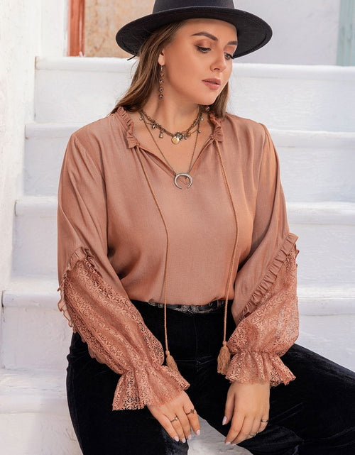 Load image into Gallery viewer, Plus Size Tie Neck Flounce Sleeve Blouse
