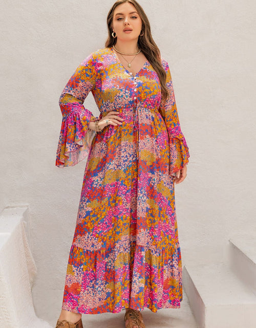 Load image into Gallery viewer, Plus Size Printed V-Neck Long Sleeve Maxi Dress
