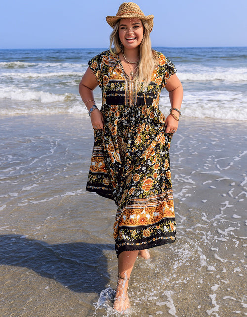 Load image into Gallery viewer, Plus Size Printed V-Neck Ruffle Cap Sleeve Maxi Dress
