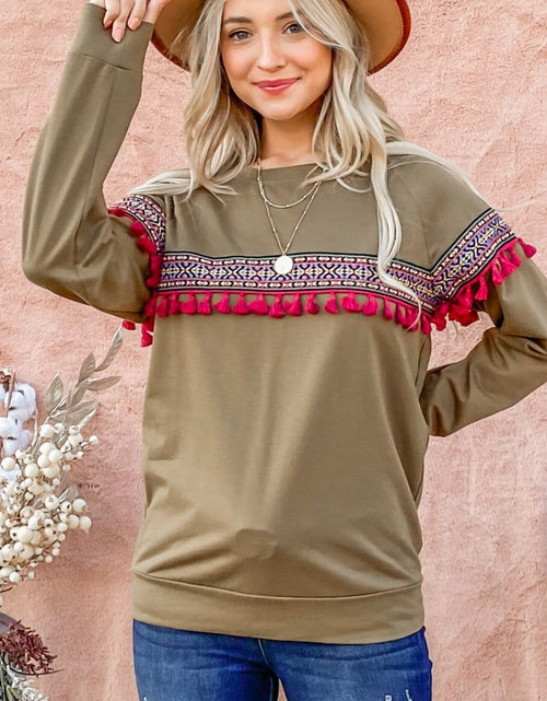Load image into Gallery viewer, And The Why Ethnic Ribbon Tassel Trim Top

