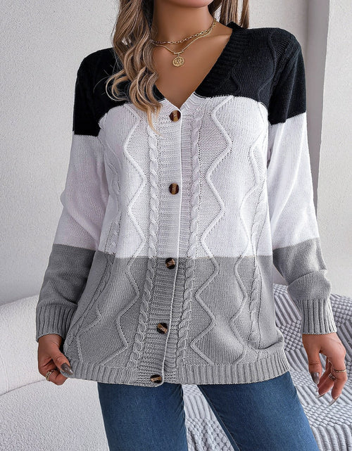 Load image into Gallery viewer, Cable-Knit Striped Button Up Cardigan
