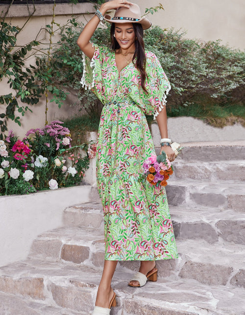 Load image into Gallery viewer, Smocked Floral V-Neck Short Sleeve Dress
