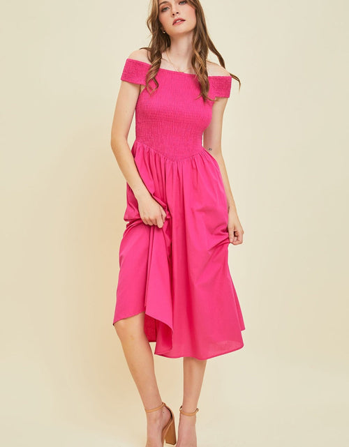 Load image into Gallery viewer, HEYSON Off-Shoulder Smocked Midi Dress
