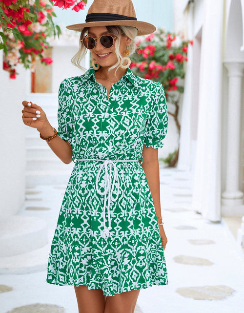 Load image into Gallery viewer, Printed Tie Waist Collared Flounce Sleeve Dress
