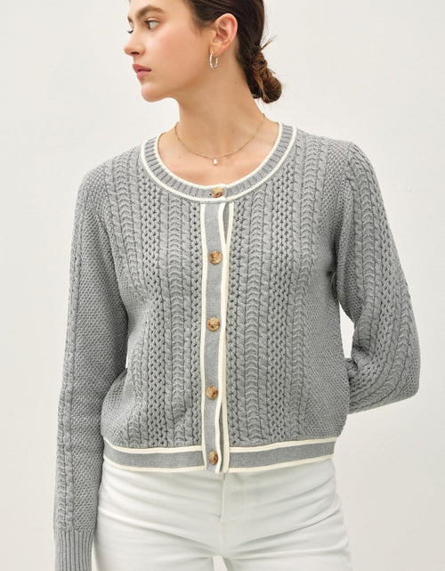 Load image into Gallery viewer, Be Cool Cable Knit Long Sleeve Contrast Edge Cardigan
