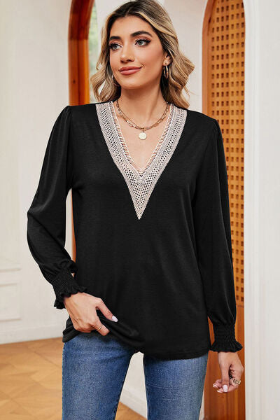 Load image into Gallery viewer, Lace Detail V-Neck Lantern Sleeve T-Shirt
