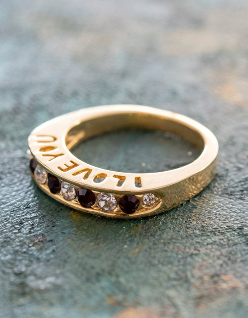 Load image into Gallery viewer, Vintage 1980s I Love You Ring Band Ring Garnet and Clear Austrian Crystals Imported by PVD Vintage Jewelry
