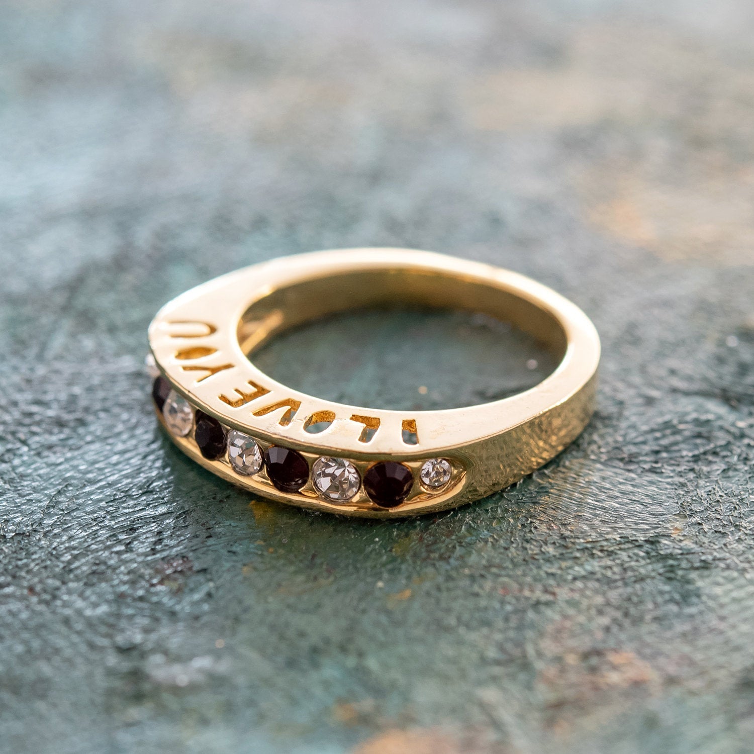 Vintage 1980s I Love You Ring Band Ring Garnet and Clear Austrian Crystals Imported by PVD Vintage Jewelry