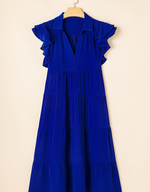 Load image into Gallery viewer, Ruffled Short Sleeve Collared V Neck Tiered Midi Dress
