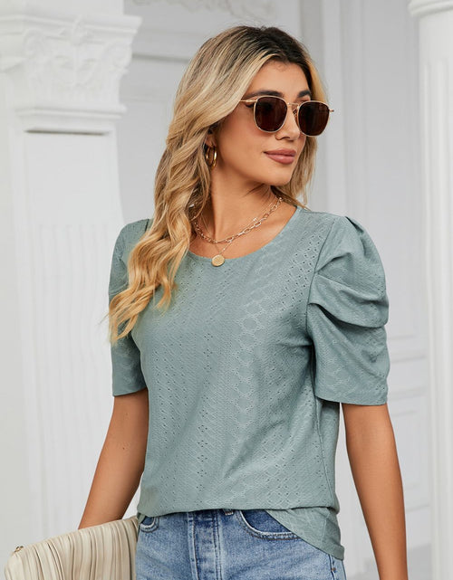 Load image into Gallery viewer, Eyelet Puff Sleeve Round Neck Blouse
